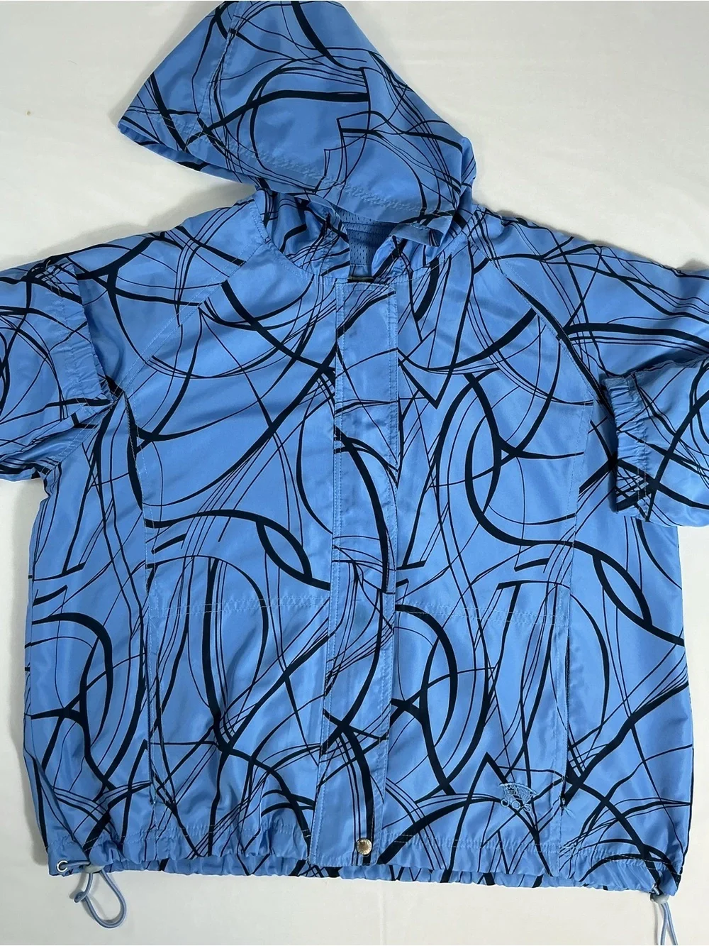 Oleg Cassini Blue Hooded Bomber with Black Abstract Lines